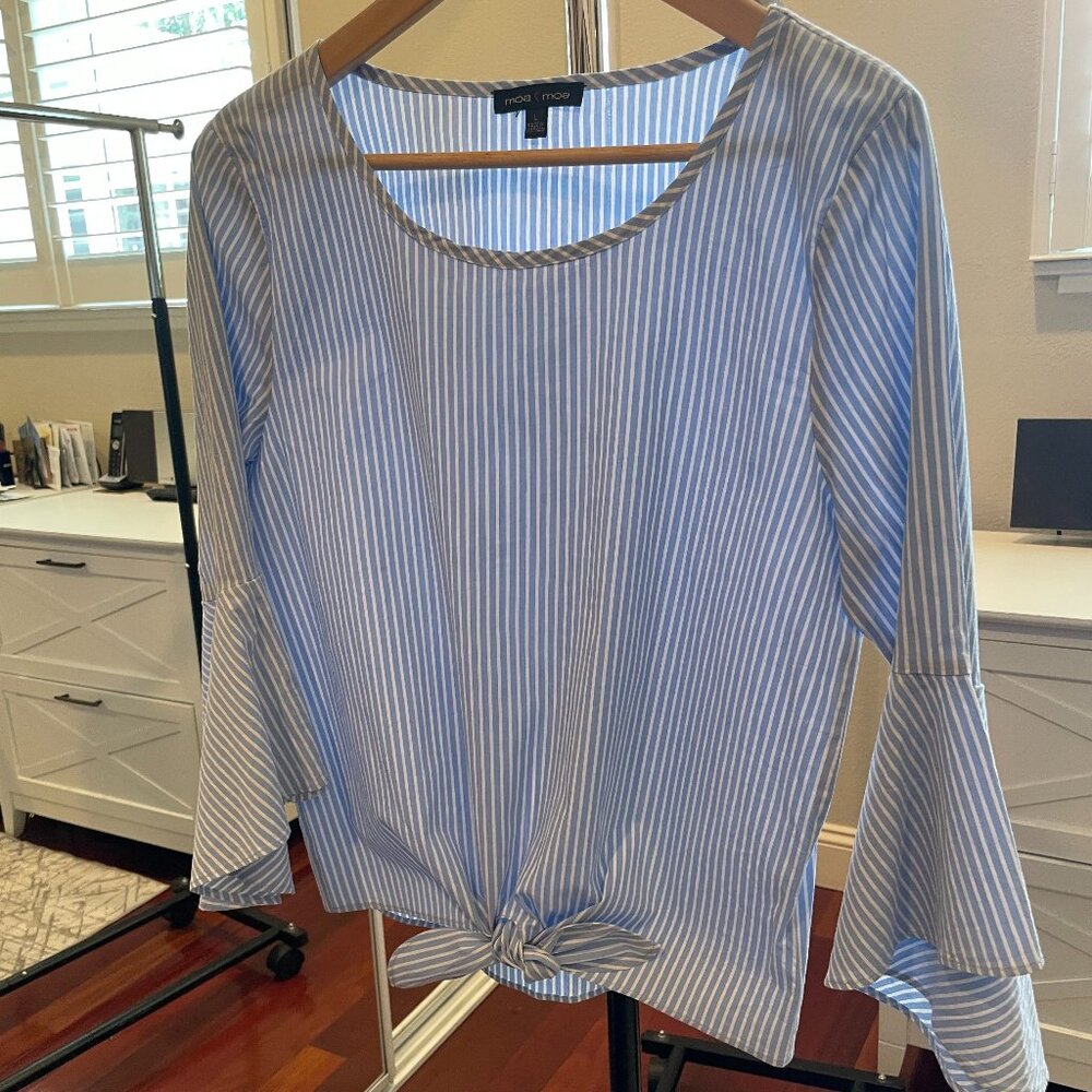 Blue and White Striped Cotton Blouse with Bell Sleeves